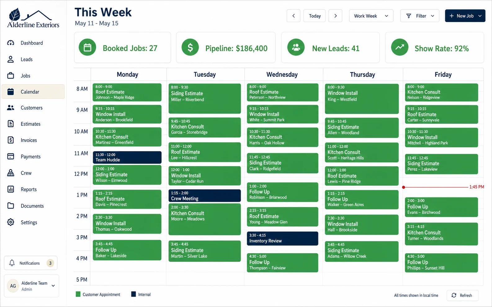 Desktop dashboard showing a week of booked home-service jobs with revenue tracking