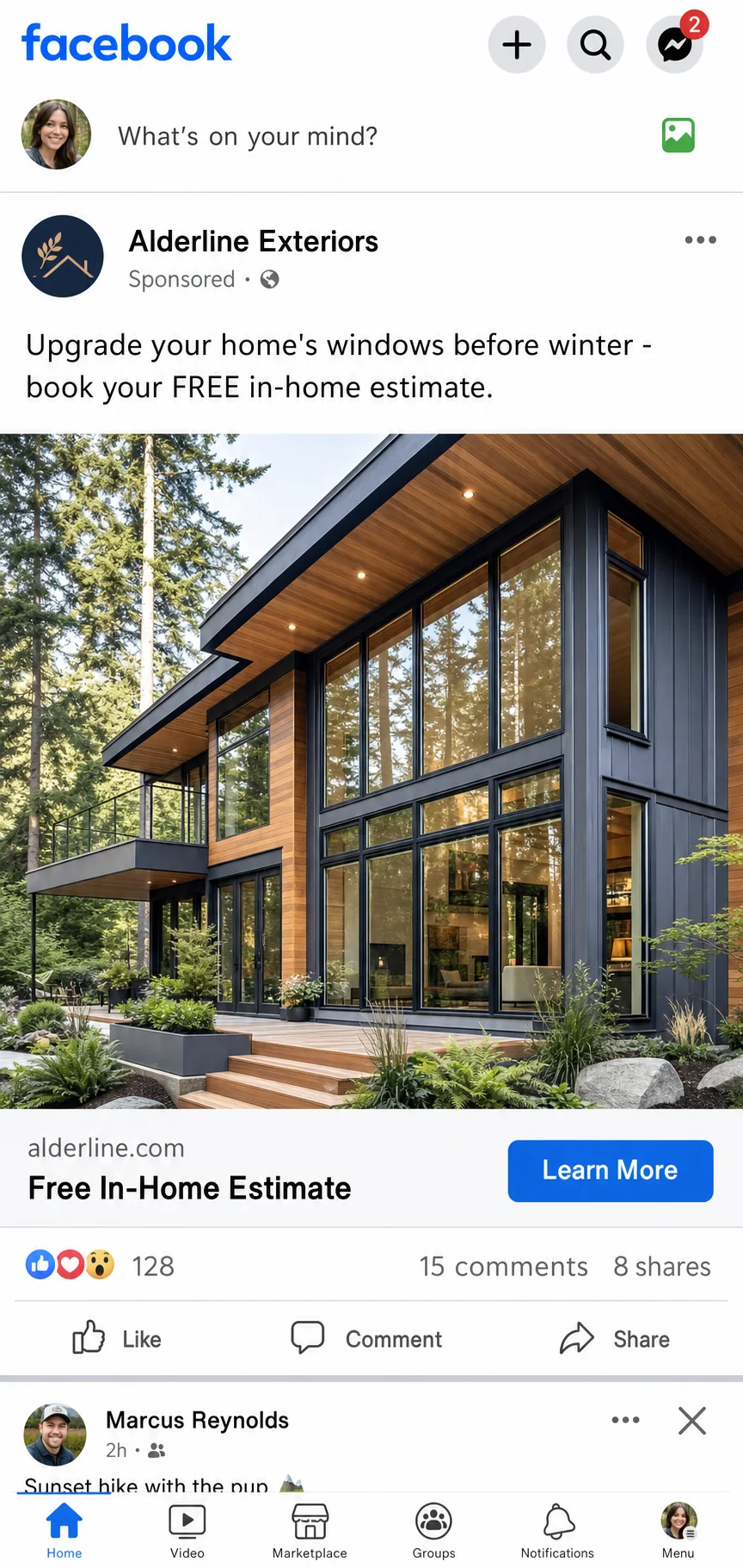 Facebook ad for a home service company offering a free in-home estimate