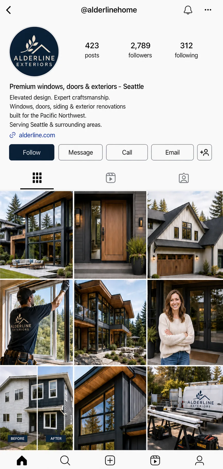 Instagram feed showing premium home-service content for a Seattle-area contractor